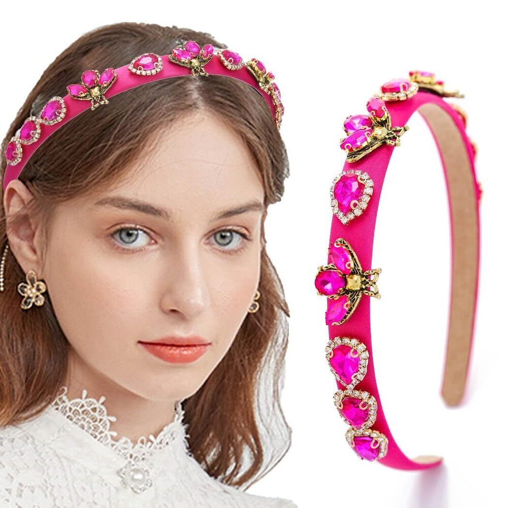 9830 Thin Pink Headbands Crystal Rhinestone Hairbands with Gemstone Bee